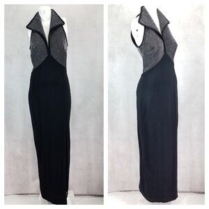 Tadashi Shoji Size M Long Maxi Evening Dress Front Slit Black / Silver Vintage